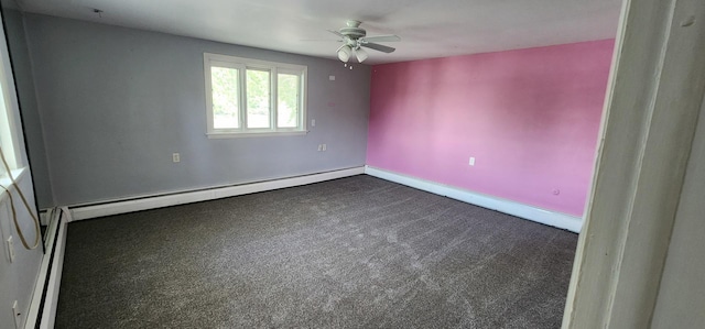 empty room with a baseboard radiator, ceiling fan, and dark colored carpet