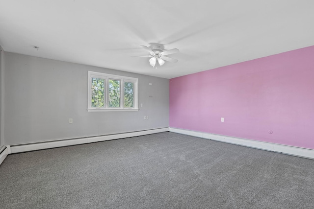 unfurnished room with ceiling fan, a baseboard radiator, and carpet flooring