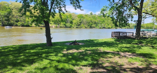 dock area with a yard and a water view