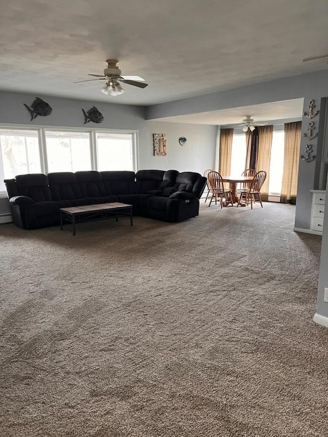 living room with ceiling fan and carpet