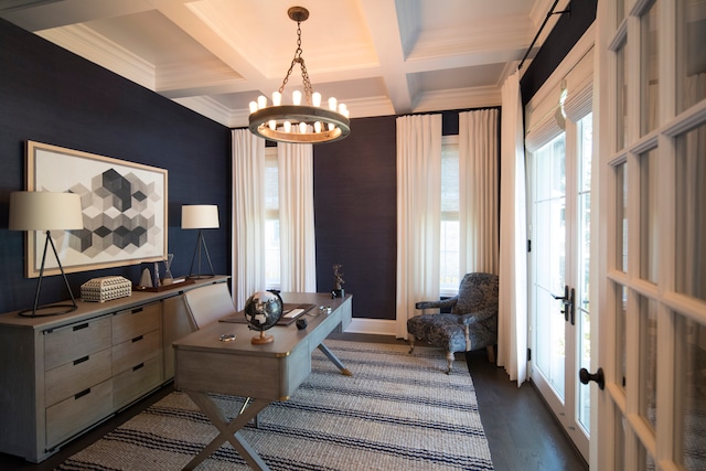 office featuring dark hardwood / wood-style floors, plenty of natural light, coffered ceiling, and ornamental molding