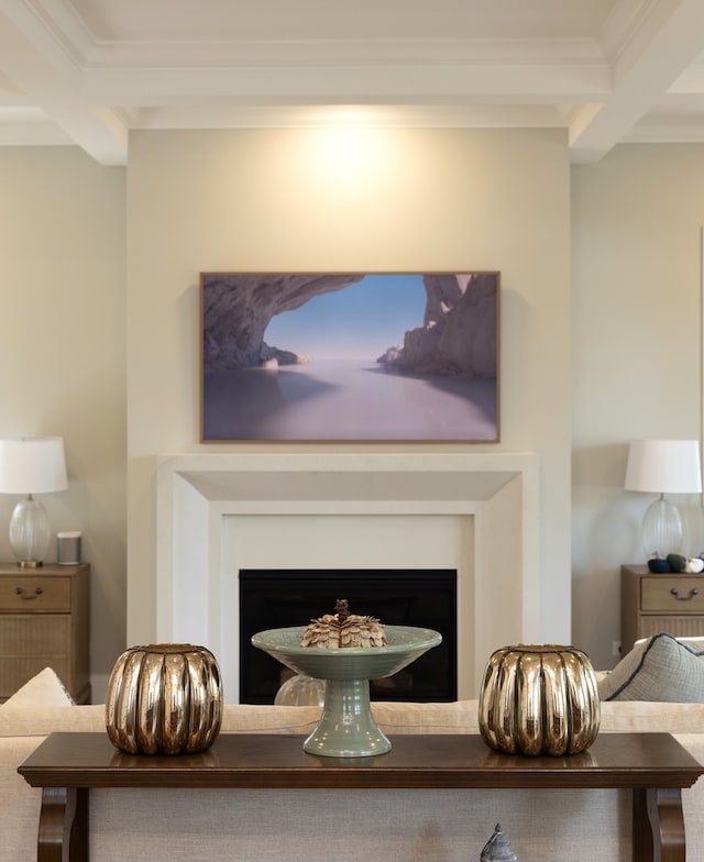 details featuring beam ceiling, coffered ceiling, and ornamental molding