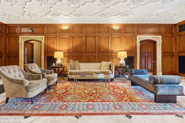 living room with wooden walls