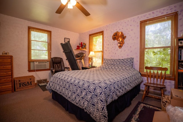 bedroom featuring ceiling fan, carpet, cooling unit, and wallpapered walls