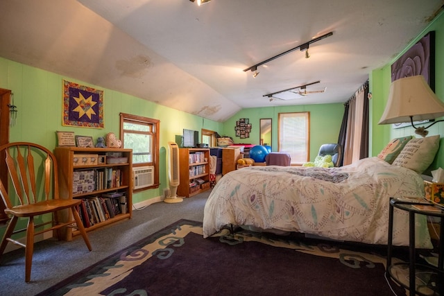 carpeted bedroom featuring rail lighting, multiple windows, and vaulted ceiling