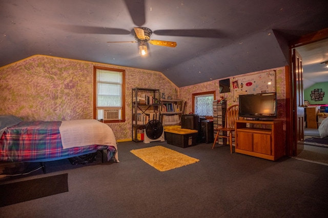 bedroom with carpet floors, lofted ceiling, and cooling unit