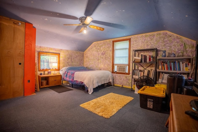 bedroom with vaulted ceiling, ceiling fan, and cooling unit