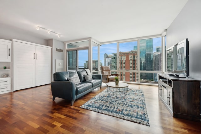 living room with hardwood / wood-style floors and track lighting