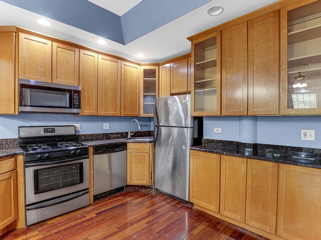 kitchen with appliances with stainless steel finishes, ceiling fan, sink, dark stone counters, and dark hardwood / wood-style floors