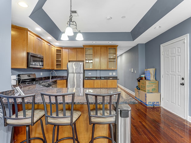 kitchen with pendant lighting, dark wood-type flooring, a tray ceiling, kitchen peninsula, and appliances with stainless steel finishes