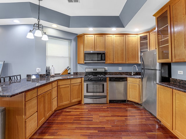 kitchen featuring pendant lighting, stainless steel appliances, dark stone counters, sink, and dark hardwood / wood-style flooring