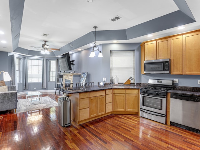 kitchen featuring ceiling fan with notable chandelier, appliances with stainless steel finishes, dark hardwood / wood-style floors, and a tray ceiling