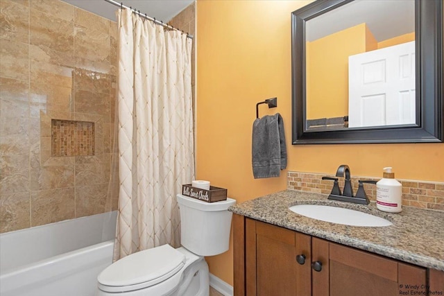 bathroom featuring toilet, shower / bathtub combination with curtain, tasteful backsplash, and vanity