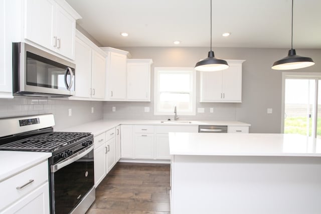 kitchen featuring appliances with stainless steel finishes, a wealth of natural light, tasteful backsplash, and dark hardwood / wood-style flooring