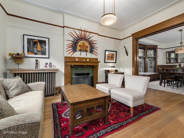 living room with a fireplace, ornamental molding, and hardwood / wood-style floors