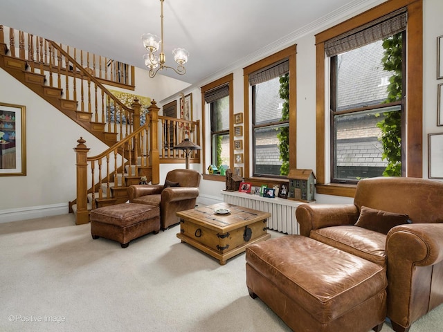 living area with stairs, carpet, a wealth of natural light, and a notable chandelier