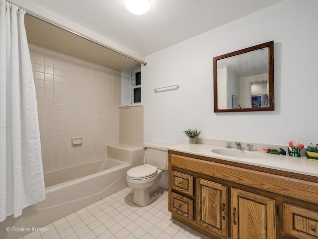 bathroom with toilet, shower / tub combo, vanity, and tile patterned floors