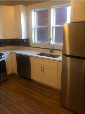 kitchen with white cabinetry, dark hardwood / wood-style flooring, stainless steel appliances, and sink