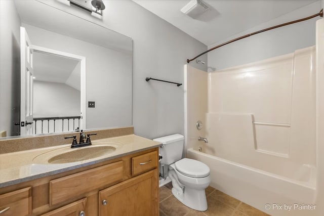 full bathroom with tile flooring, washtub / shower combination, lofted ceiling, toilet, and vanity