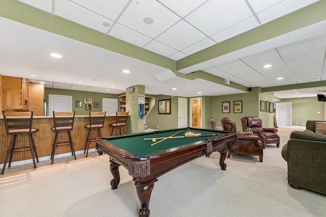 recreation room with wet bar, carpet, billiards, a paneled ceiling, and recessed lighting