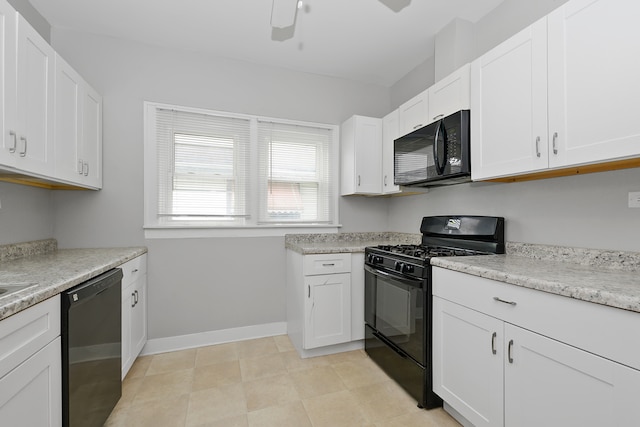 kitchen featuring white cabinetry, ceiling fan, and black appliances