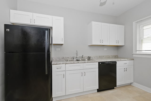 kitchen featuring white cabinetry, ceiling fan, black appliances, and sink