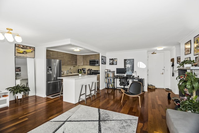 interior space featuring dark hardwood / wood-style flooring and crown molding