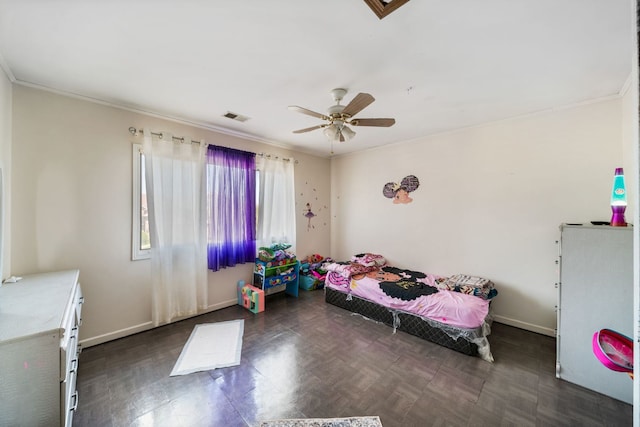 bedroom featuring ceiling fan, dark parquet flooring, and ornamental molding