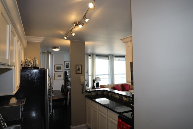 kitchen with rail lighting, ornamental molding, and black appliances