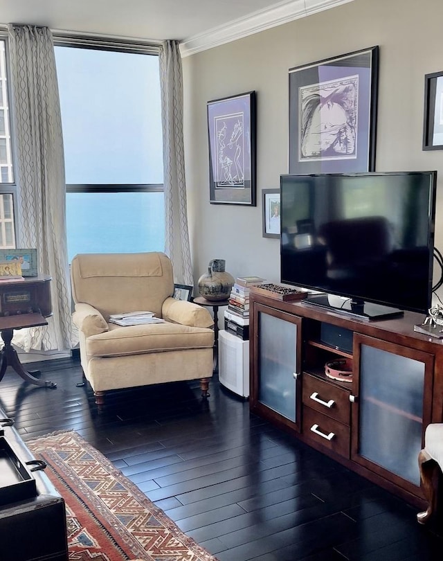 living room with dark hardwood / wood-style flooring and ornamental molding