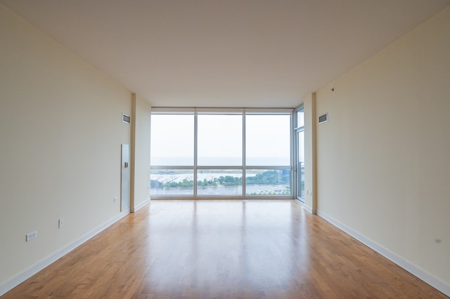 spare room with expansive windows and light hardwood / wood-style flooring