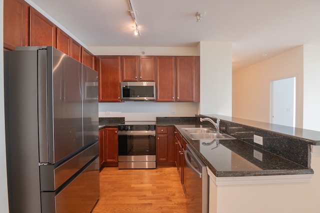 kitchen with sink, rail lighting, light hardwood / wood-style floors, stainless steel appliances, and kitchen peninsula