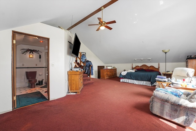 carpeted bedroom with vaulted ceiling and ceiling fan