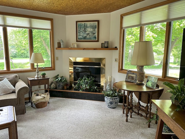 living room with carpet and a tile fireplace