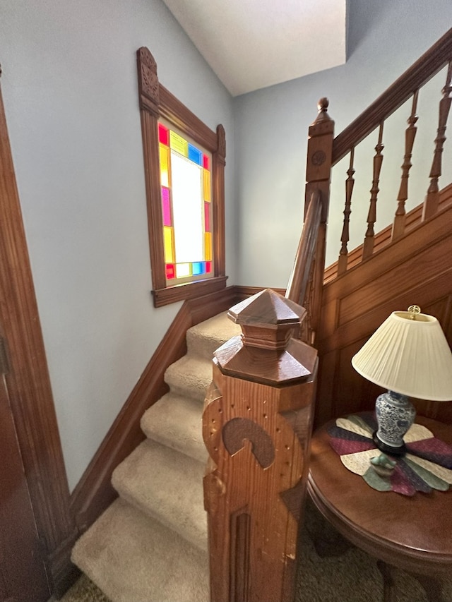 stairs featuring carpet floors