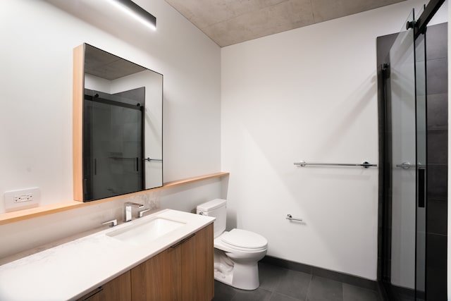 bathroom featuring tile flooring, walk in shower, vanity, and toilet