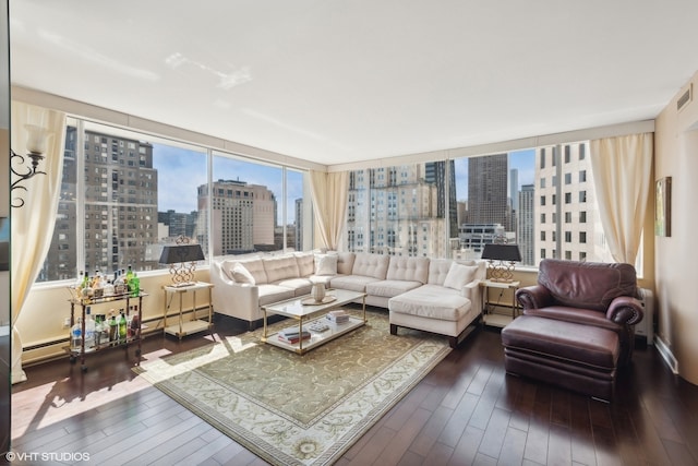 living room with hardwood / wood-style floors, a wall of windows, and baseboard heating