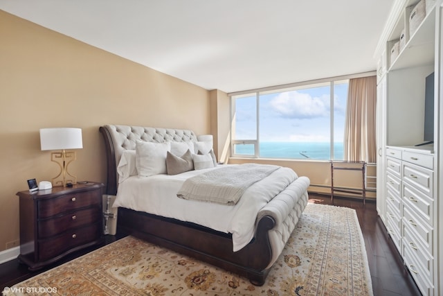 bedroom with baseboard heating, dark wood-type flooring, and a water view