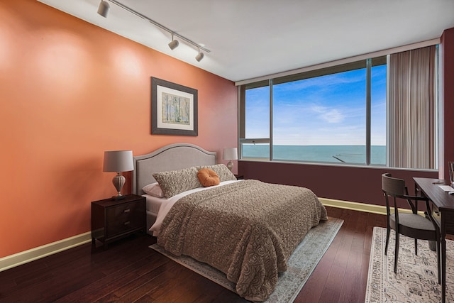 bedroom with dark hardwood / wood-style flooring, a water view, and rail lighting