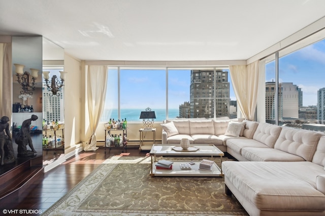 living room featuring dark hardwood / wood-style flooring, floor to ceiling windows, and a water view