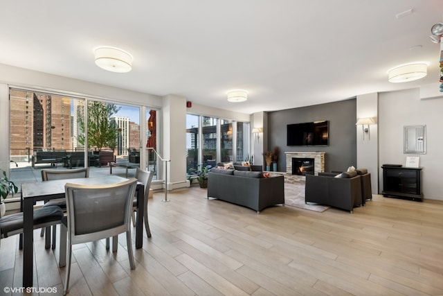 dining room with baseboard heating, light hardwood / wood-style flooring, and a fireplace