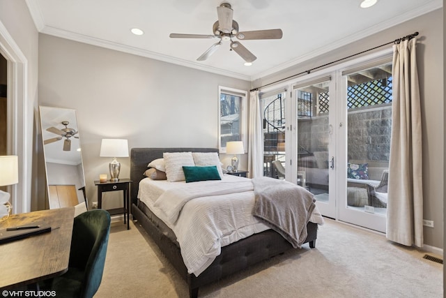 1646 W Augusta Blvd Unit 1, Chicago, IL 60622 - bedroom with access to exterior, light colored carpet, french doors, recessed lighting, and ornamental molding