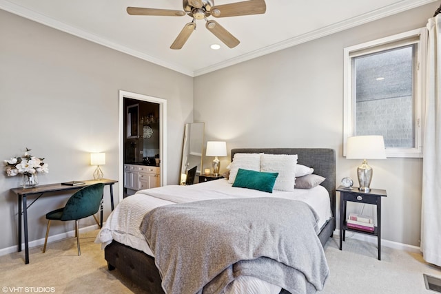 1646 W Augusta Blvd Unit 1, Chicago, IL 60622 - bedroom featuring light colored carpet, baseboards, crown molding, a ceiling fan, and ensuite bathroom