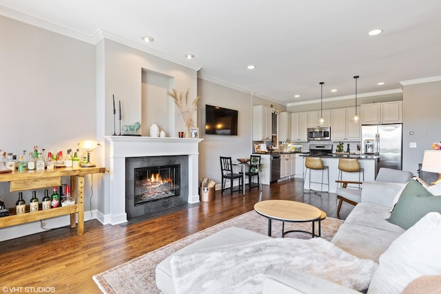 1646 W Augusta Blvd Unit 1, Chicago, IL 60622 - living room with recessed lighting, dark wood-style flooring, crown molding, a fireplace, and baseboards