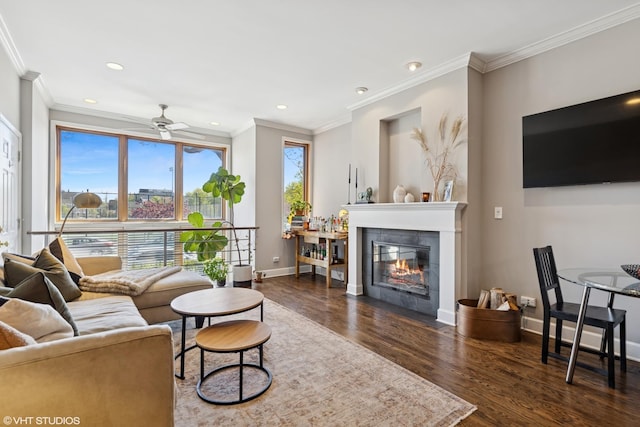 1646 W Augusta Blvd Unit 1, Chicago, IL 60622 - living room with ornamental molding, wood finished floors, a ceiling fan, baseboards, and recessed lighting