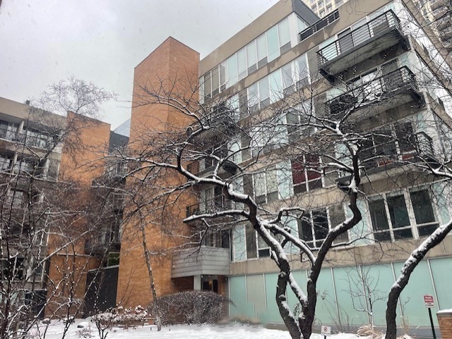 view of snow covered building