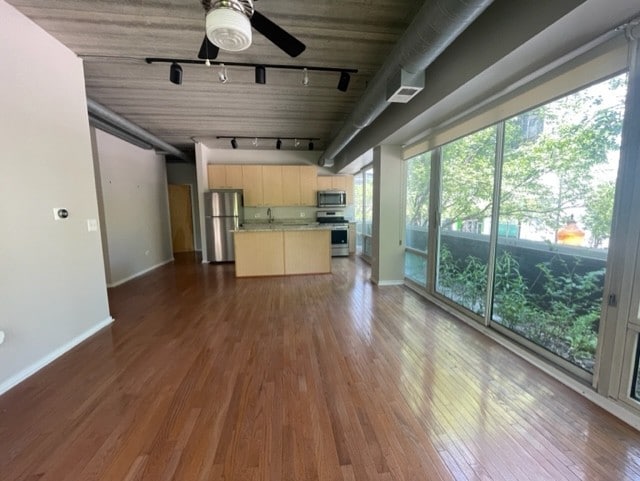 kitchen with appliances with stainless steel finishes, wood-type flooring, rail lighting, a kitchen island, and ceiling fan