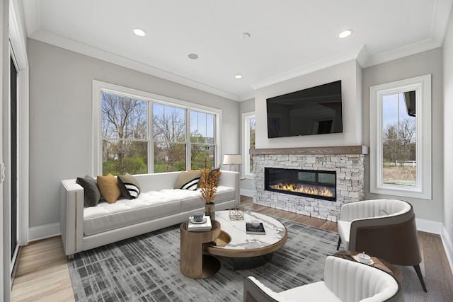 living room with a fireplace, light wood-type flooring, and crown molding