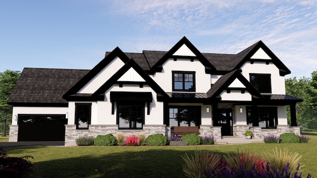 213 Northampton Ln, Lincolnshire, IL 60069 - view of front of house with a standing seam roof, a garage, stone siding, and a front lawn