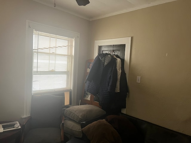 sitting room featuring ceiling fan and crown molding